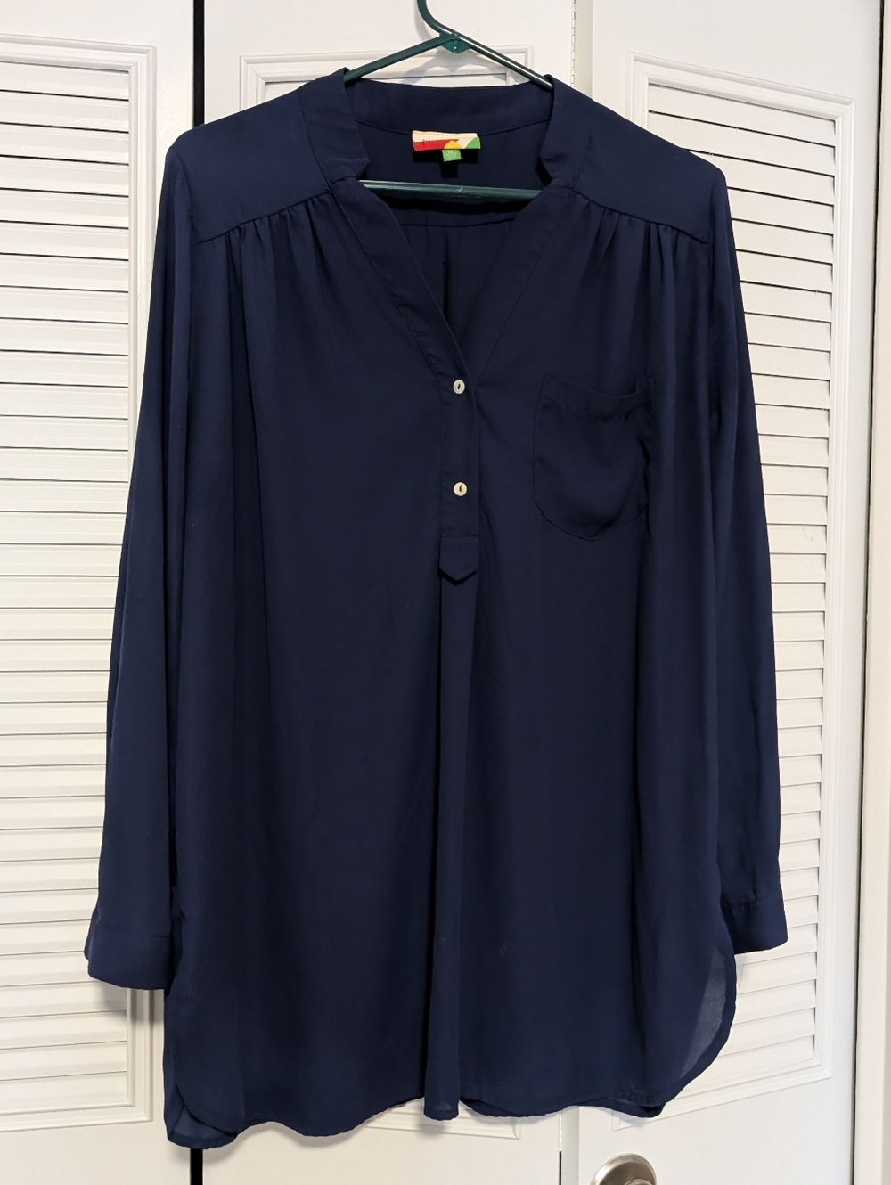 ModCloth Fervour Tunic Blouse, Roll-Tab Sleeves, Sheer, Navy, 1X